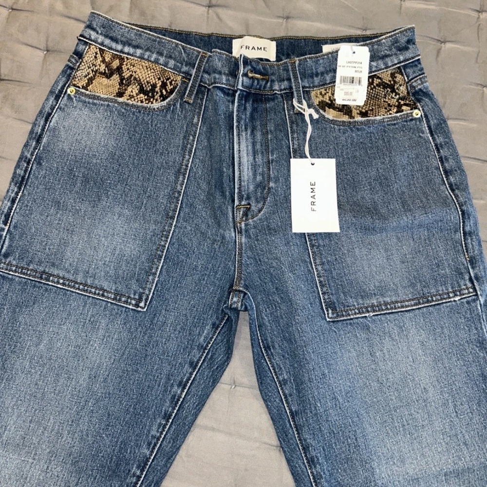 Frame Denim Light Blue Jeans with snake print  &Gold Stitch. Size 30 inseam 26”